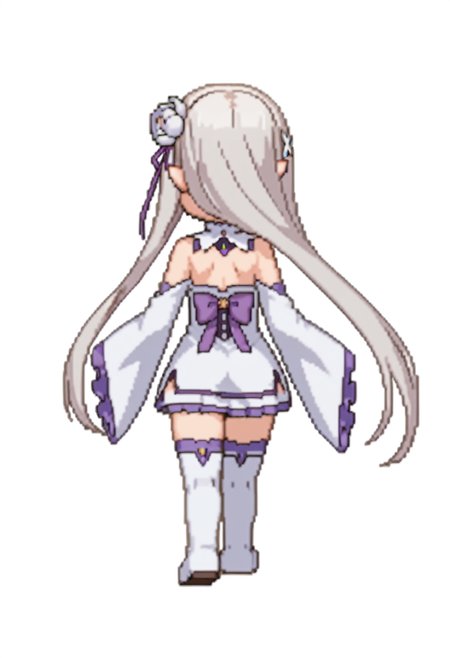 score_9, score_8_up, score_7_up, source_anime,
BREAK
<lora:shiSpriteV3:1.0>, backstanding, chibi, full body, from behind, standing, 
simple background, white background, 
1girl, solo, anime screencap, anime coloring,
<lora:shiEmiliaV2:1> shimilia, long hair, grey hair,
pointy ears, hair flower, purple ribbon, x hair ornament, 
white dress, bare shoulders, wide sleeves, white thighhighs, thigh boots,