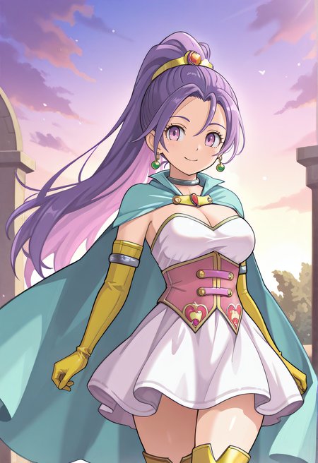 masterpiece, best quality, highres, newest, 1girl, official style, <lora:IL_Serenica:1>, serenica, purple hair, purple eyes, metal choker, white dress, jewlery, cape, pink corset, yellow elbow gloves, yellow thigh boots, looking at viewer, smile, outdoor, cowboy shot