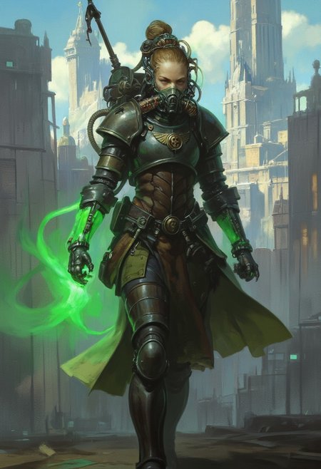 Frank Frazetta fantasy oil painting of beautiful young cyborg knight in medieval breastplate, glowing prosthetic,  woman with a glowing green prosthetic cyborg robotic arm and hand, she is walking through a city, w4rh4mm3r style oil painting, grimdark, wearing a high tech breathing mask attached to a tank on her back