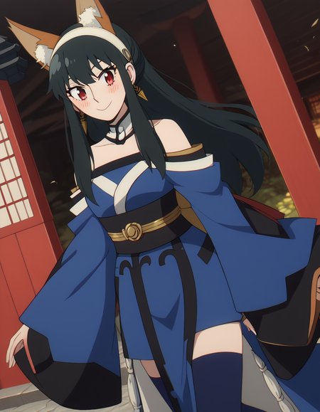 score_9, score_8_up, score_7_up, source_anime, yorbriar, <lora:yor-briar-s1-ponyxl-lora-nochekaiser:1>, yor briar, black hair, red eyes, earrings, white hairband, hairband, long hair, sidelocks,, <lora:tamamo-no-mae-cosplay-ponyxl-lora-nochekaiser:1>, tamamonomaecosplay, tamamo no mae \(cosplay\), animal ears, bare shoulders, blue kimono, blue thighhighs, detached sleeves, fox ears, fox tail, japanese clothes, kimono, obi, sash, collarbone, thighhighs, wide sleeves,, shrine, smile, blush,, cowboy shot, dutch angle, solo,