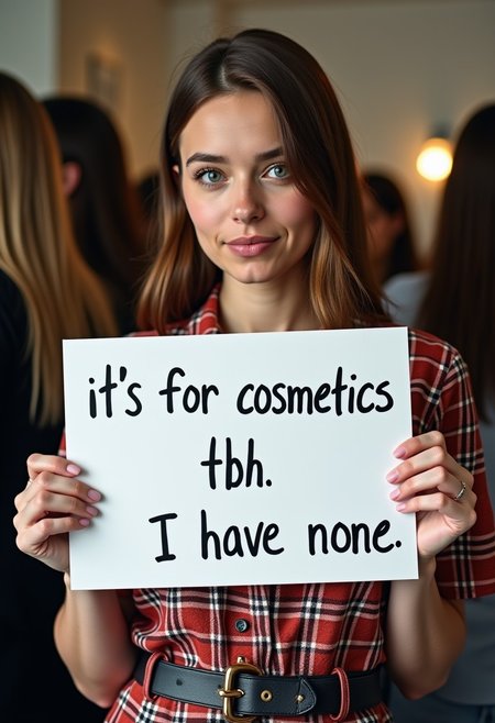 A very smug fashion designer holding a sign that says "its for cosmetics tbh. i have none."