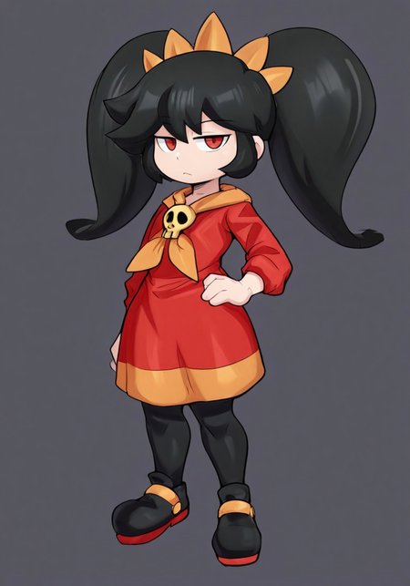 score_9, score_8_up, solo, grey background, outlines, axred7, black hair, female, red eyes, young, Ashley, short, emotionless expression, two pigtails, looking at viewer, orange tiara, standing, red dress, black shoes, black thigh-high leggings, shiny skin, skull brooch, realistic nsfw, hand on hip,