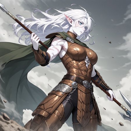 masterpiece, best quality, newest, absurdres, highres, anime, anime style, DPDV1.0, dynamic pose, polearm, holding polearm, holding weapon, weapon, 
1girl, pale, white skin, colored skin, pale skin, elf, pointy ears, muscular woman, armor, cape, leather armor, scar, scars on face, white hair, long hair, messy hair, 




spear, holding spear,