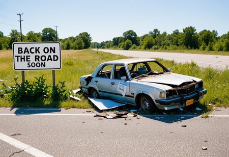 Wrecked car next to sign with text:"Back on the road soon"
 <lora:text:0.9>