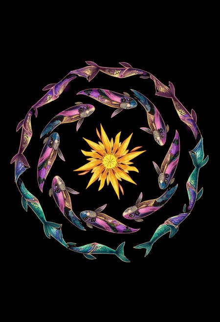 in the style of ck-lttlegh0st, A school of fish swimming in synchronized motion, their bodies forming an angular mandala of radiant gold, purple, and teal. The background is a stark, flat black, making the shimmering metallic and gem-like patterns leap forward in a style inspired by both Art Deco and underwater photography.