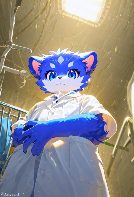 levelonerubili, zuppu11, animal, blue eyes, blue fox, (bdr), furry, furry male, no humans, hospital, score_9, score_8_up, score_7_up, zPDXL3, looking at viewer, solo, cute, white doctor shirt, from below
