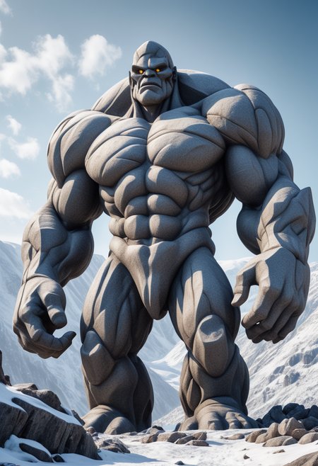 award winning, (professional photo) of (powerful golem made of granite), immense size, imbued with magical aura,  set in  a snowy mountain, featuring icy slopes, glittering snow, harsh winds, and a crisp, clear atmosphere, during the day, , creative, beautiful, vibrant, masterpiece, 64k, UHD, HDR, full view, atmospheric lighting, extremely detailed