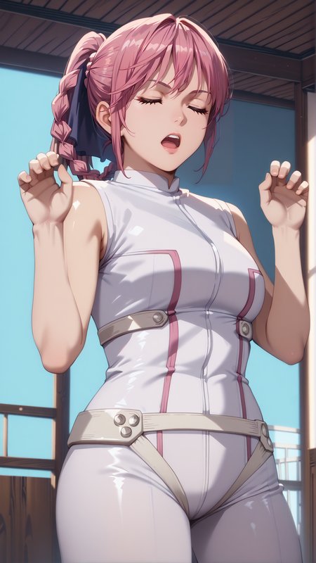 sjsartstyle, 2d, (zPDXL2), cowboy shot, dynamic shot, dynamic angle, webtoon, anime, (centered), masterpiece, 1girl, 1woman, solo, ((hands up, giving up)), open mouth, tanned skin, Renren, closed eyes, ponytail, pink hair, braid, sleeveless, white skintight suit, indoors, <lora:sd_xl_dpo_lora_v1:1>, <lora:OMG-Is-DucHaiten_v1.0:0.1>, <lora:sjsartstyle pony:1>, <lora:GoGoLoserRanger:0.8>