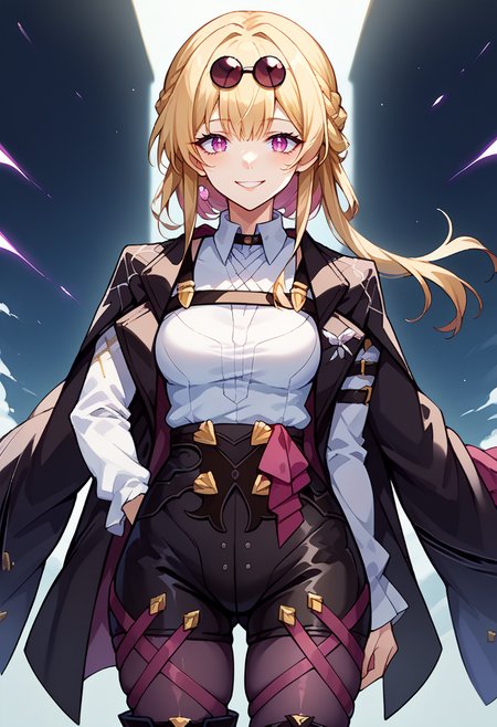 score_9, score_7_up, source_anime, solo, come hither, smile, cowboy shot, BREAK    <lora:clamKafkaPDXL:1> clamKafka, eyewear on head, black jacket, white shirt, black shorts, purple pantyhose, boots <lora:mxmarina:1> mxmarina, french braid, half updo, Hair ribbon,