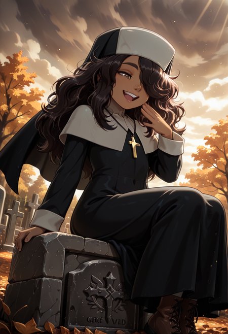 masterpiece, best quality, 32k, high resolution, absurdres 
1girl, solo, Carlini, dark skin, brown hair, long hair, hair over one eye, brown eyes
habit, nun , nun dress, cross necklace,
dynamic pose, sitting, on the gravestone, laughing, open mouth,
outdoors,  graveyard, old graves, old tombstones, stone wall around, autumn, old small church in background, cloudy
light particles, dynamic angle,  cinematic angle, various angles, detailed background, beautiful background, (rays light:1.0),(grow:1.0) vivid colors, shiny and glossy, anime style, high-res, beautiful aesthetic, very intricate, high-quality details, vibrant, 
<lora:add-detail-xl:1.10> <lora:spo_sdxl_10ep_4k-data_lora_webui:0.95> <lora:noobai_ep11_stabilizer_v0.138_fp16:0.6> <lora:StS-Illustrious-Detail-Slider-v1.0:1.10> <lora:cfg_scale_boost:0.95> <lora:nyalia:0.20>   <lora:carlini_illustrious:0.8>