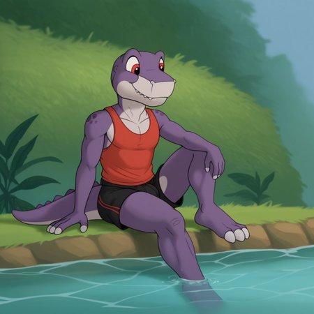 score_9, score_8_up, score_7_up, score_6_up, score_5_up, score_4_up, source_furry, Chomperlbttv, anthro, male, Tyrannosaurus rex, dinosaur, scalie, purple skin, red eyes,  swimming trunks, in a stream, lush valley, young anthro, tank top, sitting, on the edge, feet in water