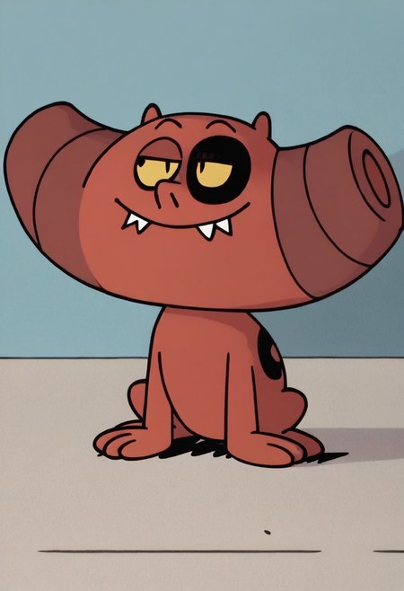 (score_9 | score_8_up | score_7_up) ((masterpiece:1))(best quality,very high quality,ultra detailed:1.2) (2D,cartoon style,anime style)(Smooth:2)(clean blurring) (four fingers on each hand,one thumb on each hand:1), charles, dog, all fours, black spot on left eye, impish, demon, red skin, small pointed nose, pointed tail, yellow eyes, slit pupils, two small horns, two large curved horns on sides of her head, pair of deformed fangs, smug, full body