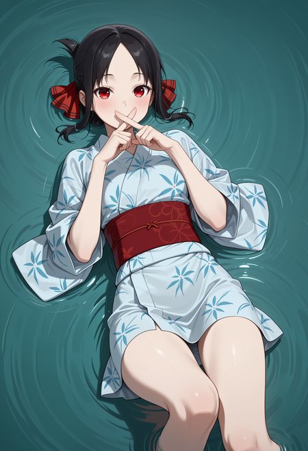 masterpiece, best quality, highres, absurdres, very awa, 1girl, solo, folded ponytail, parted bangs, black hair, no pupils, hair ribbon, red ribbon, yukata, kimono, water, partially submerged, afloat, shallow water, ripples, lying, on back, knees up, red eyes, obi, looking at viewer, print kimono, japanese clothes, short kimono, x fingers, covered mouth, hands up