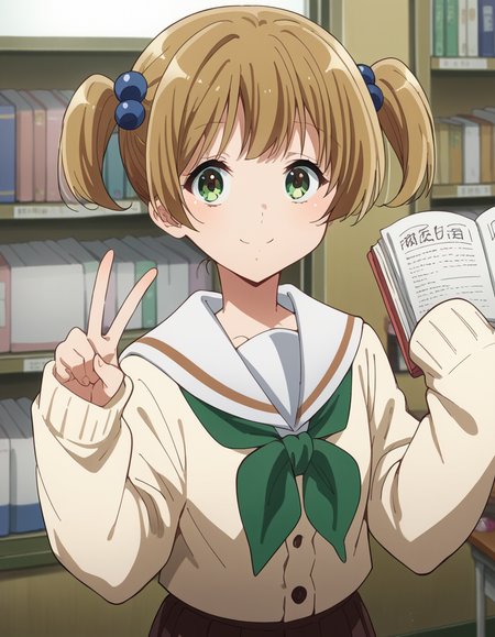 score_9, score_8_up, score_7_up, source_anime, <lora:satsuki-suzuki-s3-ponyxl-lora-nochekaiser:1>, satsuki suzuki, short hair, bangs, brown hair, hair ornament, twintails, green eyes, light brown hair, hair bobbles,, long sleeves, school uniform, serafuku, sailor collar, neckerchief, sleeves past wrists, cardigan, white sailor collar, kitauji high school uniform, green neckerchief, skirt, pleated skirt, brown skirt,, bookstore, books, shelves, reading, quiet, smile, v, v over eyes,, looking at viewer, solo,, dutch angle, cowboy shot