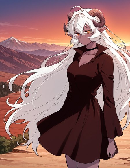 <lora:Artanis__The_Greatest_Estate_Designer__Illustrious:1>
1 girl, solo, demon girl, colored skin, dark skin, dark-skinned female, horns, demon horns, curled horns, pointy ears, orange eyes, white hair, very long hair,bangs, ahoge, hair between eyes, 
brown dress, black choker, collarbone, barefoot, long sleeves
score_9, score_8_up, score_7_up, source anime, BREAK,  cowboy shot, (from side), looking back, looking at viewer, overlooking mountain, high altitude, scenery, exterior, background, (solo), perfect hands