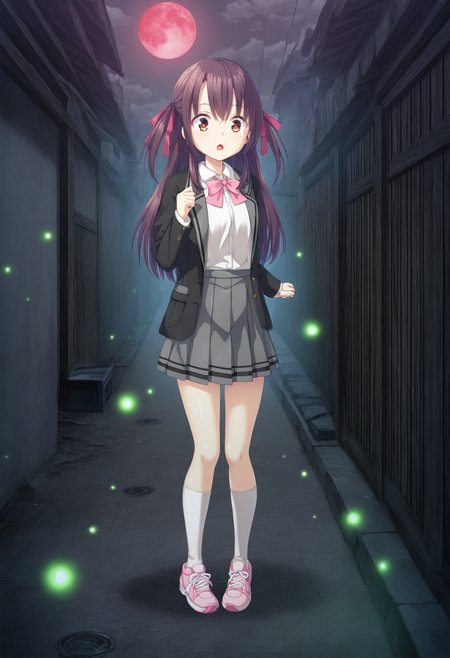masterpiece,best quality,amazing quality,absurdres,aesthetic,newest,
yakumoazusa \(haison\),brown eyes,brown hair, open mouth, :o, surprised, wide-eyed,
long hair, hair between eyes, two side up, sidelocks,
standing, hand up, clenched hand, arm at side, pigeon-toed, 
red hair ribbon, open jacket, black notched lapel jacket, long sleeves, sleeves past wrists, button \(fastener\), pink bowtie, white wing collar shirt, shirt tucked in, grey pleated miniskirt, white kneehighs, pink sneakers
abandoned village,traditional japanese village,alley,fog,dark,horror_\(theme\), cloudy_sky, black_cloud,red moon,glowing fireflies,water refection,
 <lora:yakumo_azusa_vpred10_v11:0.9000000000000001>