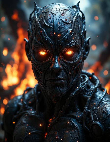 high quality photograph, quarter view of riskofrain character portrait, direct eye contact, intimidating eye contact, evil character with humanoid glowing cybernetic parts out of reality from a distant hell invading earth, battle scarred, twisters from hell in the background,
captured on a (Phase One XF IQ4 150MP), rule of third composition,
 <lora:Risk_of_Rain_-_Character_Portrait_-_Style:0.1>,  <lora:MidjourneyV6.1:0.8>,  <lora:fluxenhancer:0.4>