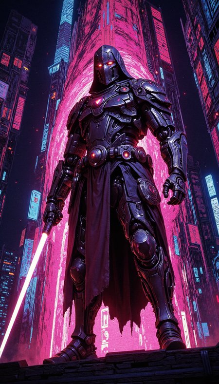 Comic book style, A futuristic cybernetic ninja poised on a rooftop, illuminated by the effulgent glow of a cyberpunk cityscape. Rendered in a hyperrealistic style, the image emphasizes the intricate details of the ninja's armor and weapons. The color palette, a symphony of neon pinks and electric blues against a backdrop of deep twilight hues, amplifies the scene's electric atmosphere. A dynamic three-quarter perspective plunges the viewer directly into the action, the low camera angle imbuing the ninja with an imposing presence. The background, a tapestry of towering skyscrapers and intricate neon signage, should teem with the vibrancy and dynamism characteristic of a cyberpunk metropolis.