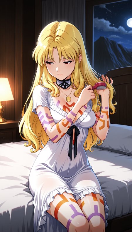 masterpiece,best quality,amazing quality, 1girl, lunar_sssc_xenobia, hair down, nightgown, brushing own hair, tattoo, peaceful, sitting on bed