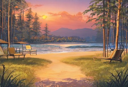 "beautiful evening beach scene on the southern coast of Russia in the style of 'Everlasting Summer', stunning red sunset, vivid red and orange hues in the sky, soft warm light reflecting off the gentle waves, a few lush green birch trees to the side, golden sandy shore, scattered seashells glistening in the fading light, calming and serene atmosphere, soft breeze rustling through the leaves, distant seagulls flying over the horizon, small bonfire with warm glow illuminating the sand, cozy beach chairs and a surfboard leaning against a birch tree, a couple of lanterns casting soft shadows, gentle lapping of waves on the shore, romantic and inviting ambiance, highly detailed, vibrant colors, ultra-high-definition, cinematic composition, digital painting, visual novel style, inspired by 'Everlasting Summer'"