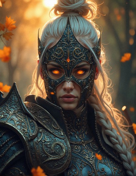 realistic, photorealistic, 
A breathtaking cinematic portrait of a fierce warrior, her glowing amber eyes burning with an untamed fire beneath an intricately carved obsidian battle mask, adorned with swirling, ancient engravings that glisten under the golden twilight. Her platinum-blonde hair, loosely tied in a regal battle bun, cascades in wild, wavy tendrils that catch the flickering embers floating through the autumn air. The armor she wears is a masterpiece of darkened steel, each plate adorned with elaborate engravings that resemble the twisting roots of an enchanted forest, reflecting the fading sunlight in hues of deep bronze and gold. Her leather-clad gauntlet, wrapped in fine, interwoven scales, gently grazes the edge of her lips as she maintains an unyielding gaze, exuding an aura of calculated dominance. The background is a blurred, ethereal forest bathed in warm, dappled light, the last remnants of sunlight streaming through tangled branches, casting glowing orange reflections across her imposing form. Autumn leaves drift gently, caught in the slow-motion breeze, swirling around her like omens of a prophecy unfolding. Hyper-realistic textures emphasize every micro-detail, from the metallic etchings on her mask to the intricate patterns embossed upon her armor, creating an otherworldly yet immersive fantasy composition that radiates power, mysticism, and an unbreakable will.
 <lora:FluxDFaeTasticDetails:0.3> <lora:MoriiMee_Gothic_Niji_Style_FLUX:0.4> <lora:realism_lora_comfy_flux_converted:0.6>