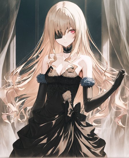 masterpiece,best quality,very aesthetic,absurdres, artist:gomzi,artist:wanke,
1girl, noel cerquetti, red eyes, blonde hair, long hair, black eyepatch, left eye covered,
black eyepatch, black dress, lace-trimmed bustier, black choker, black bow, fur-trimmed gloves, elbow gloves, strapless,
black pantyhose,
 <lora:noel_cerquetti.noobaixl:1>