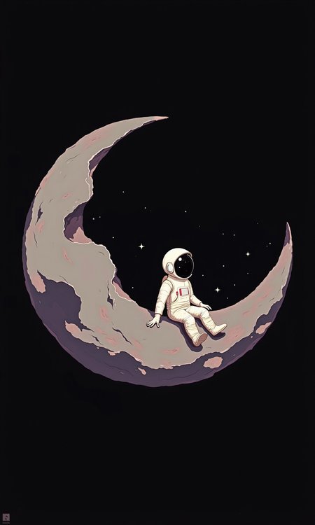 A simple, stylized illustration of a cartoon astronaut sitting on a crescent moon. 
The astronaut is depicted in a classic space suit, with a dark helmet and a lighter-colored suit. The astronaut is positioned as if sitting on the edge of the moon, their hands resting loosely near their body. 
The crescent moon is a light gray, with several small, darker gray-purple spots scattered across its surface, suggesting craters. 
The background is entirely black, drawing attention to the moon and the figure on it. The colors are bold, and the design is clean and uncomplicated.
 <lora:FLUX-daubrez-DB4RZ-v2:1> DB4RZ, DB4RZ style painting