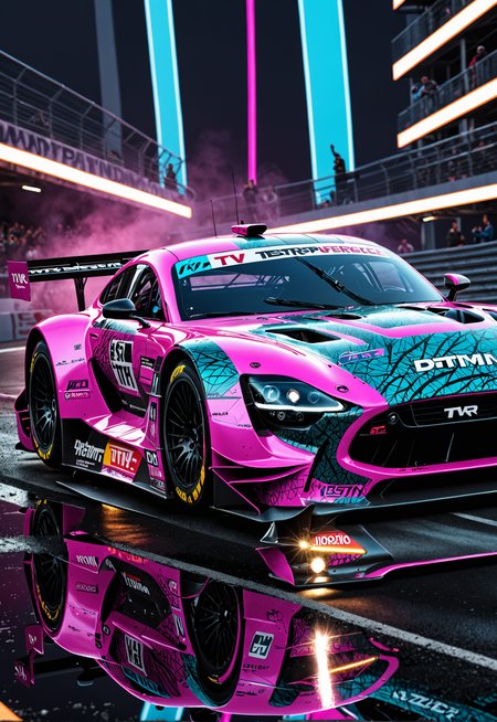 dynamic angle, masterpiece, award winning picture,  TVR DTM car racing, futuristic background, hyper detailed, intricate, neon poster, artstation, epic, ultra detail, intricate details, UHD