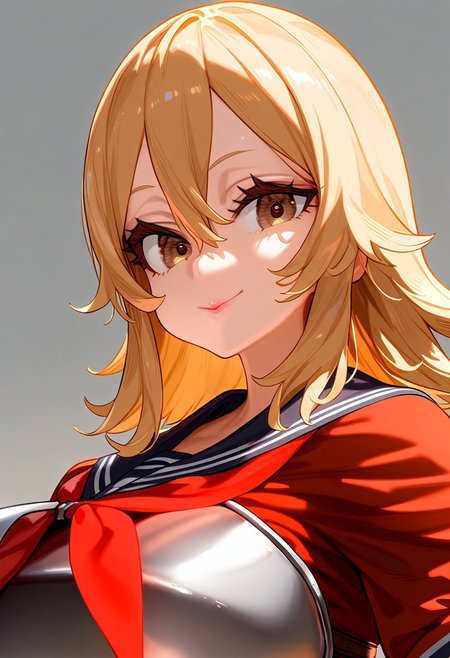 (masterpiece:1.2, best quality), (finely detailed eyes: 1.2) (ultra-detailed, hires), (detailed face, detailed eyes), (best illumination), detailed glow, high contrast, looking at viewer, ((solo)), smile, closed mouth, 1girl, huge breasts, wide hips, thick thighs, centurii-chan, blond hair, brown eyes, hair between eyes, medium hair, fluffy hair, bangs, armor, ((breastplate)), dress, neckerchief, red neckerchief, red dress, short dress, short sleeves, pink lips, skindentation, upper body, no background, empty background, (masterpiece, best quality, very aesthetic, absurdres), (ultra detailed perfect piece:1.2), illustration, masterpiece, (extremely detailed CG 8k), (very fine 8K CG), <lora:add-detail-xl:-1>