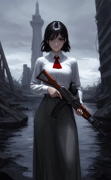 masterpiece, best quality, amazing quality, high quality, highres, 1girl, solo, looking at viewer, short hair, shirt, skirt, black hair, long sleeves, standing, white shirt, outdoors, sky, collared shirt, medium hair, cloud, water, black eyes, gun, ascot, holding gun, grey skirt, long skirt, red ascot, wide shot, ruins, tower, kalashnikov rifle, ak-47, gwzs, detailed drawing, <lora:noobai_ep11_stabilizer_v0.138_fp16:0.3> <lora:nhl-003:0.7> <lora:GWZS-IL:0.8>