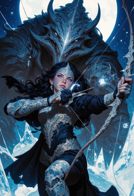 A hyper-realistic, nightmarish fantasy composition showcases a breathtakingly fierce, curvaceous huntress with piercing amethyst eyes and deep violet war paint streaking her high cheekbones. Her raven hair is woven with sharp, silvered feathers, each one enchanted to hum with the whisper of ancient spirits. She wears an intricate black leather bodysuit laced with glowing runes, accentuating her deadly elegance. The moonlit battlefield around her is a frozen wasteland, icy winds howling through jagged, crystalline spires that jut from the earth like the fangs of some forgotten colossus. Behind her, her monstrous companion—a massive warg with pitch-black fur and six glowing white eyes—snarls, its breath forming mist in the frigid air. The beast’s elongated fangs drip with a shimmering, arcane venom, and its silver-plated armor gleams under the full moon’s ghostly glow. The huntress nocks a black-feathered arrow, her lips curling into a confident smirk as she locks onto an unseen foe, poised to unleash death beneath the pale, haunting light.