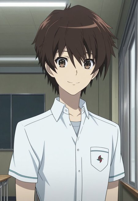 masterpiece,best quality,amazing quality, source_anime,
KoichiSakakibara, 1boy, male focus, solo, brown eyes, brown hair, school uniform, shirt, white shirt, collared shirt, short sleeves, smile,