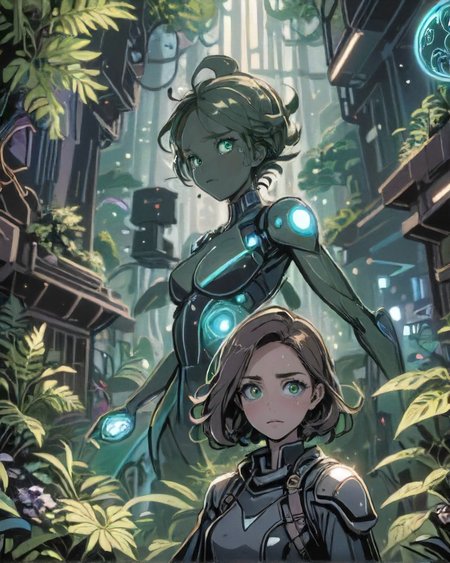 comic style, Awed 1girl, natural colored eyes, Wavy shoulder-length lob hairstyle, dynamic pose, determined expression, <lora:EnvyDramaticPortraitXL02:0.7> , BREAK (style-swirlmagic:0.8), focus on character, portrait, solo,  (full body:0.6), looking up, detailed background, detailed face, (<lora:DonMG414XL:0.6>, fully-organic, bioluminescent, DonMG414XL theme:1.1), working, botanist, planters,   greenery,       magic,    green color scheme,  wild growth,  seeds,  ferns,  botanical garden in background,  magical atmosphere,