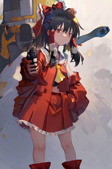 best quality, masterpiece, illustration, reimu hakurei, red dress, yellow neckerchief, ribbon, (gun:1.5), aiming at viewer, mksks pose, gun, holding_gun