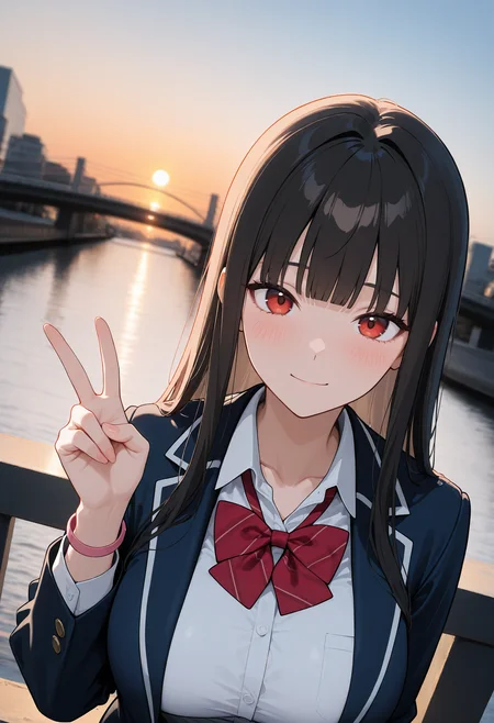 masterpiece,best quality,amazing  quality,newest,absurdres,highres, newest,very awa, scenery, anime,flat color,
from front, portrait,dutch angle,
1girl, beautiful face, perfect eyes, detailed eyes,mature female,
black hair,long hair, straight hair,blunt bangs,light smile, , looking at viewer, blush,
red eyes, 
large breasts,collarbone,
seifuku,collared shirt, plaid red bowtie, open blazer, small pink wristlet, 
v,hand up, urban,on bridge, bridge,
depth of field, sunset,volumetric light,blurry background,backlighting,photo background, 