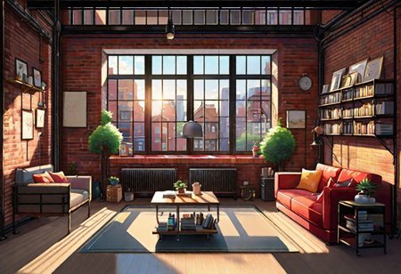 anime-style, an industrial-style interior with red brick walls and large windows, a  study, Sofa, coffee table, bookcase, single wall, 
warm light morning sun, the view of the city