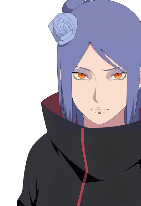 masterpiece, best quality, very aesthetic, absurdres,
1girl, konan, blue hair, orange eyes, hair flower, lip piercing,
cloak
upper body, 
looking at viewer, solo, (simple background, white background:1.3),   <lora:KonanNoobXL_byKonan:1>