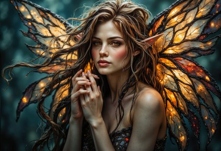 ArsMJStyle, Stained Glass,dark fantasy, eerie,. (A Wide-angle shot :1.5) of a breathtaking young elf with delicate, stained glass butterfly wings, glowing softly as they catch the light. She floats slightly above the ground, her wings shimmering in the air, her hands clasped together. Her skin is smooth, flawless, and radiant, with a soft, silky texture and no visible imperfections. The stained glass wings shimmer with intricate patterns, capturing the light like a prism. Her expression is serene, with a peaceful smile, while her flowing hair dances in the wind . Highly detailed, photorealistic, sharp focus, volumetric lighting, realistic shadows, ultra-high definition, and cinematic atmosphere. , <lora:StainedGlassFlux.safetensors:1.0:1.0> <lora:fantasy-flux-v1.safetensors:1.0:1.0> <lora:Flux Darkfantasy_epoch_1.safetensors:0.75:0.75>