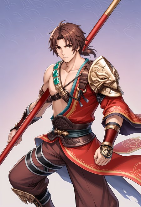 masterpiece, best quality, amazing quality, dutch angle, abstract background, BREAK
solo, male focus, sc_kilik, short hair, brown hair, low ponytail, brown eyes, shoulder armor, dvapara-yuga, brown pants, red polearm, weapon, BREAK
 <lora:cfg_scale_boost:.6>  <lora:Kilik_-_Soul_Calibur_-_ILXL:1>