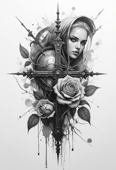 horror, monster, nightmare, fear, illustration, watercolor,
A captivating tattoo sketch, featuring a blend of UFO-style studio shading, a black and white photo of a cross and a rose, and a conceptual design combining elements of realism and 3D. The tattoo design is a creative mix of styles inspired by Jean Baptiste Monge, Thomas Kinkade, David Palumbo, and Carn Griffiths. The black and white ink adds depth and contrast, while the Orthodox symbolism intertwines with a Dieselpunk aesthetic. The design also includes a striking realistic black and white manga tattoo, showcasing the artist's versatility and skill.