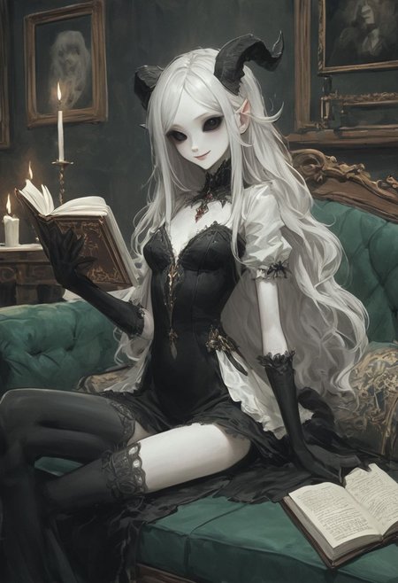 picture of skinny slim girl colored sclera black eyes cute smile pale white skin demon small horns ( black gradient arms:1) white hair elegant Victorian dress cleavage holding book "DARK MAGIC"   sitting on comfortable couch. Table with candle nearby.   <lora:WB2.2:0.8>