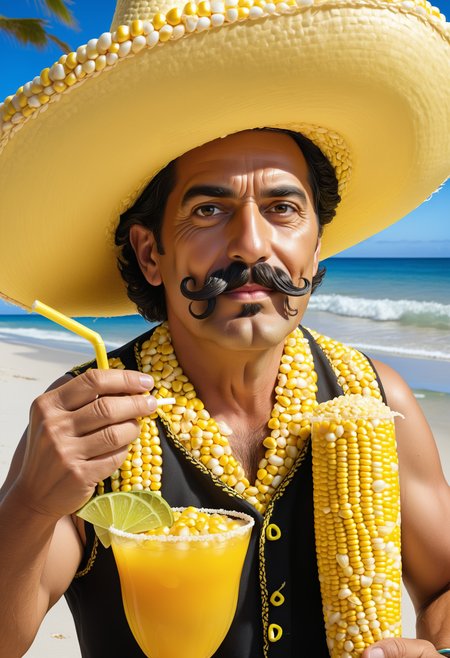A Mexican man on a beach wearing a corn kernel sombrero and a curled mustache enjoying a cocktail through a straw , Jed-CornK    <lora:CornKernelStyle:0.7>