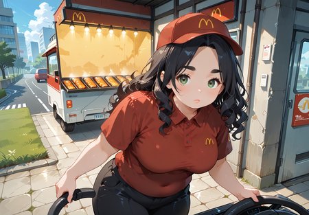 IllusP0s, PonyScores7, source_anime, ah1, IllustriousQual, interesting, exciting, spectacular, wonderful, 
BREAK <lora:xl_more_art-full_v1:0.2>, <lora:aesthetic_anime_v1s:0.2>, <lora:EpicF4nta5yXL:0.2>, <lora:detailxl:0.2>, detailxl, <lora:Fant5yP0ny:0.2>, amazing quality, best aesthetic, absurdres, illustration, Volumetric_Lighting, ultra-detailed, very aesthetic, intricate details, best_quality
BREAK ((driving food truck)),
BREAK Stable_Yogis_PDXL_Positives, AS-Adult, <lora:Complicated fantasy portrait - XL Pony V2.0:0.2>, bad-hands-5, <lora:HDA_Detailer:0.3>, <lora:natsumi_style:0.5>, <lora:by_usakun-pony:0.4>, by usakun, <lora:Akina_Bbw_Style_-_PonyXL:0.2>, AkinBw, ((Wide shot, capturing the subject and their full surroundings)),
BREAK 1girl, mature female, (curvy), round-chin, caucasian, <lora:ETO_OC_Illustrius:0.5>, eto_oc, skindentation, (plump), thick thighs, wide hips, busty, voluptuous, <lora:venus body PonyXL:0.3>, <lora:shinyskin2:0.2>, glistening skin, HDA_FatGirlXL, 
BREAK ((<lora:McDonaldsUniform_pdxl_Incrs_v1:0.8>, employee uniform, mcdonald's, red shirt, black pants, hat, cap)),
BREAK (curly hair), long hair, (black hair:1.4), (parted hair:1.7), messy hair, kinky curls, <lora:hairdetailpxl:0.2>, hairdetailpxl,
BREAK (half green and brown eyes), (colorful eyes), (multicolored eyes), (downturned eyes:1.4), <lora:expressive eyes:0.2>, expressive eyes, <lora:eyedetailpxl:0.2>, eyedetailpxl, <lora:Eyes_High_Definition:0.2>, EyesHD, (round face:1.2), (thick eyebrows:1.3), (plump face), <lora:Round_face:0.2>, lips, 
BREAK ((Upside-down face expression)), <lora:Expressive_H:0.2>, Expressiveh, <lora:Emotional_Anime_Expressions_PonyXL_Concept:0.2>, emotional, <lora:Best_Facial_Expression_LoRA_PONY:0.2>, looking at viewer, <lora:Detailed expressive EXEV style -XL Pony V1.0:0.2>, FaceDetail,
BREAK (((Bold Colors: A vibrant arrangement of bold and saturated colors conveying energy and excitement))), <lora:Background Detailer - SDXL:0.8>, 4k, 8k, Ultra HD, Masterpiece, Best quality, Detailed background, <lora:Add_more_details_V2_XLpony:0.4> full_details,