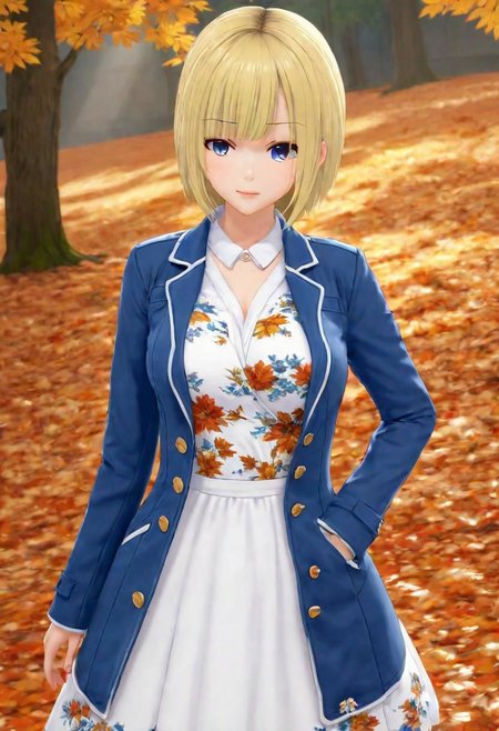 masterpiece, best quality,sensual face, fall theme,autumn theme,blonde hair white dress with flowers,blue jacket,<lora:Ayane_Amamiya:.8>
