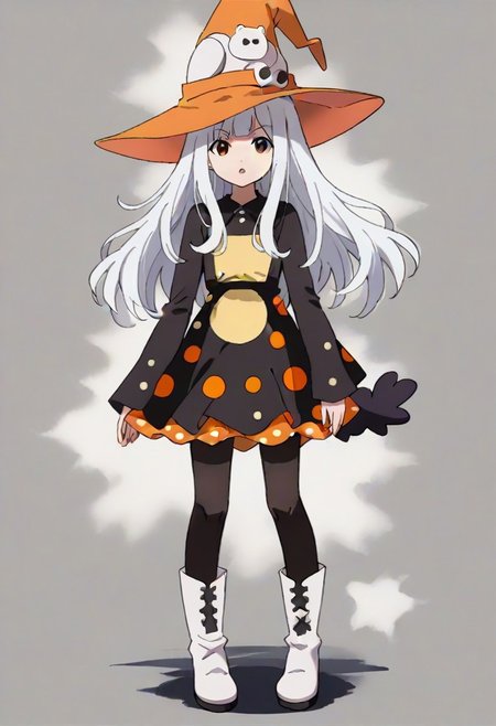 source_anime, anime, (vivid colors, bright colors:1.1),, adult, white hair,long hair,bangs,orange hat, thin hat, witch hat, black dress,black pantyhose,white boots,polka dots,polka dot dress, <lora:Eureka_Frog_v10:1>,
