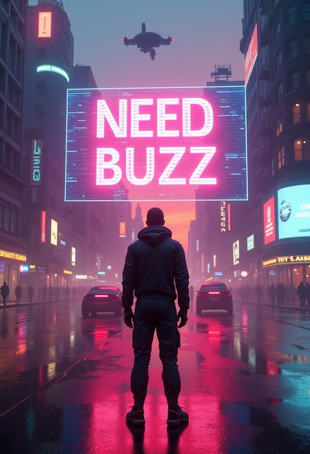 Create a visually striking and attention-grabbing digital artwork designed to generate buzz. The image should feature a futuristic cityscape at sunset, with neon lights reflecting on wet streets. In the center, a mysterious figure in a high-tech, cyberpunk-inspired outfit stands with their back to the viewer, gazing at a massive holographic billboard that displays the glowing words: 'NEED BUZZ' in bold, glitching letters. The atmosphere is electric, filled with flying cars, digital advertisements, and a sense of mystery and excitement. Use dynamic lighting, a mix of warm and cool neon tones, and a cinematic composition to make the image feel dramatic and immersive. Ensure the scene evokes curiosity and intrigue, making viewers want to engage and share.