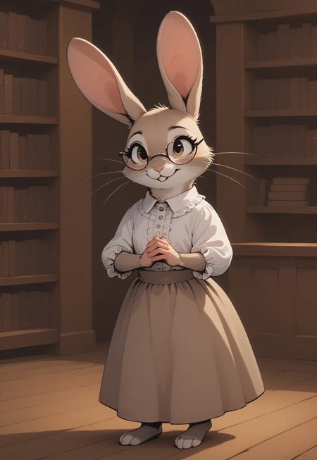score_9, score_8_up, score_7_up, score_6_up, score_5_up, score_4_up, m0use_maximilla, in the style of Beatrix Potter, (((rabbit))), cute, (feral:0.5), light beige fur, light brown eyes, glasses, (frilly floral shirt, skirt), long ears, indoors, (full body shot), library, (hands together:1.5)