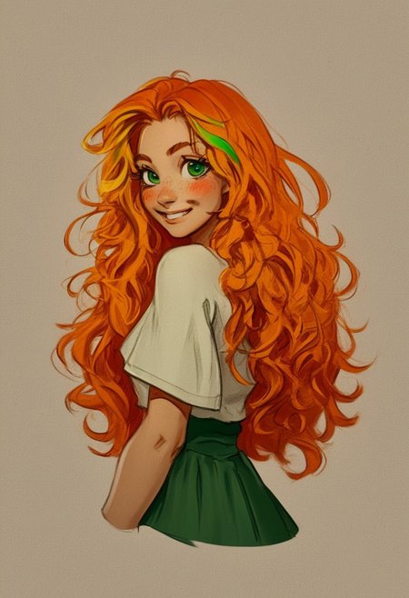score_9, score_8_up, score_7_up, score_6_up, source_anime, 1girl, cutest girl in the world, orange hair, blond hair highlights, long hair, wavy hair, green eyes, freckles, white shirt, dark green loose skirt, sexy eyes, inviting, naughty smile, suggestive, alluring, cute, big eyes, looking back, looking a viewer, from behind, blushing, curvy, large natural tits, smirk, portrait, detailed drawing, partially illuminated, wide hips, narrow waist, s1_dram,