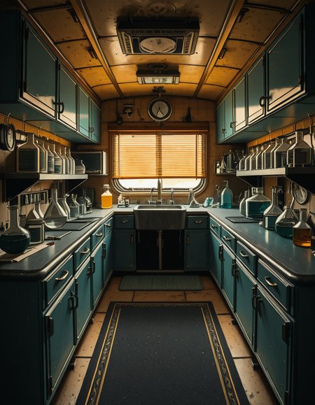 The interior of an old RV converted into a clandestine drug laboratory, inspired by the TV series Breaking Bad. The space is cramped and messy, filled with scientific equipment, glass beakers, flasks, burners, chemical containers, and lab tools scattered around. The walls are aged and stained, with peeling wallpaper and old metallic cabinets. A small sink area is cluttered with dirty lab glassware. The lighting is dim and tinted yellow, with sunlight barely filtering through dusty blinds. The floor is grimy, with a mix of rubber mats and worn carpet. The overall atmosphere is tense and gritty, capturing a sense of secrecy and danger. Hyper-realistic style, cinematic composition, rich in textures and shadows.
<lora:SDXLFaeTastic2400:0.4> <lora:extremely_detailed:0.4> extremely detailed,old RV drug l4b0r4t0ry, <lora:old_RV_drug_l4b0r4t0ry-i:1>, Masterpiece,best quality,hi res,8k,hi res,8k,award winning,(sharp focus, intricate, highly detailed),
