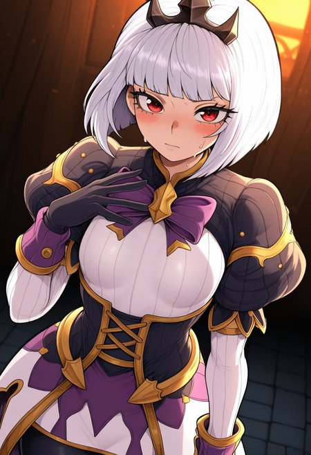 side_light,4k,(masterpiece:1.4),(best quality:1.4),(high resolution:1.4),Ultra HD, HDR,(hyperdetailed),smooth lighting,source_anime,very aesthetic,intricate details,intense,highres,vibrant colors,detailed_shadows,detailed_reflections,high-quality textures,good shading,studio quality,epic lighting,digital illustration,show accurate proportions,long eyelashes,thick eyelashes,perfect hands,perfection,5 fingers,perfectly detailed fingers",""manga eyes,perfect eyes,detailed eyes,beautiful lighting,detailed eyes,perfect eyes,long eyelashes,thick eyelashes,long eyelashes,shiny skin, perfect beautiful face, cute,Big eyes,mature,adult female,18 years old,
Kjorp, bob cut, blunt bangs, red eyes, white hair, puffy short sleeves, tiara, purple bowtie, black corset, sleeve cuffs, white sleeves, black gloves, short over long sleeves, black leggings, high belt, showgirl skirt,  purple skirt, white skirt, black skirt, ribbed shirt, gold trim, multicolored skirt,
,mad,blush,sweaty, yotsumi_shiro style,
,small breast,,
blush,on dark castle,